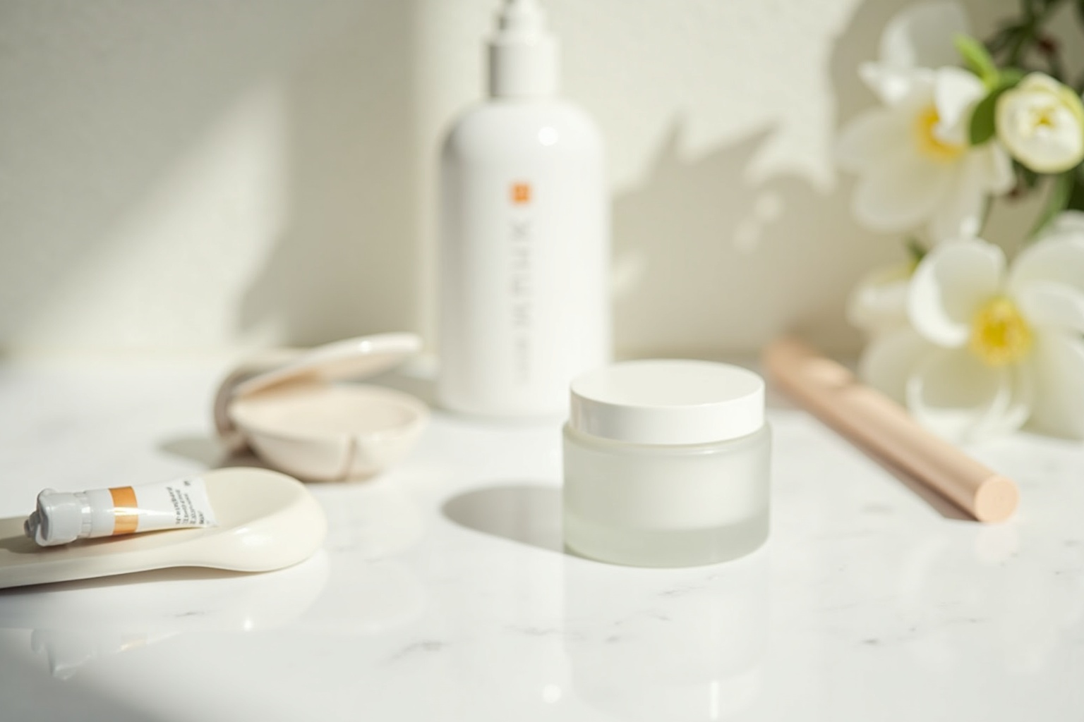 Morgenroutine Beauty – Frau mit Gesichtspflege Routine am Badezimmerspiegel